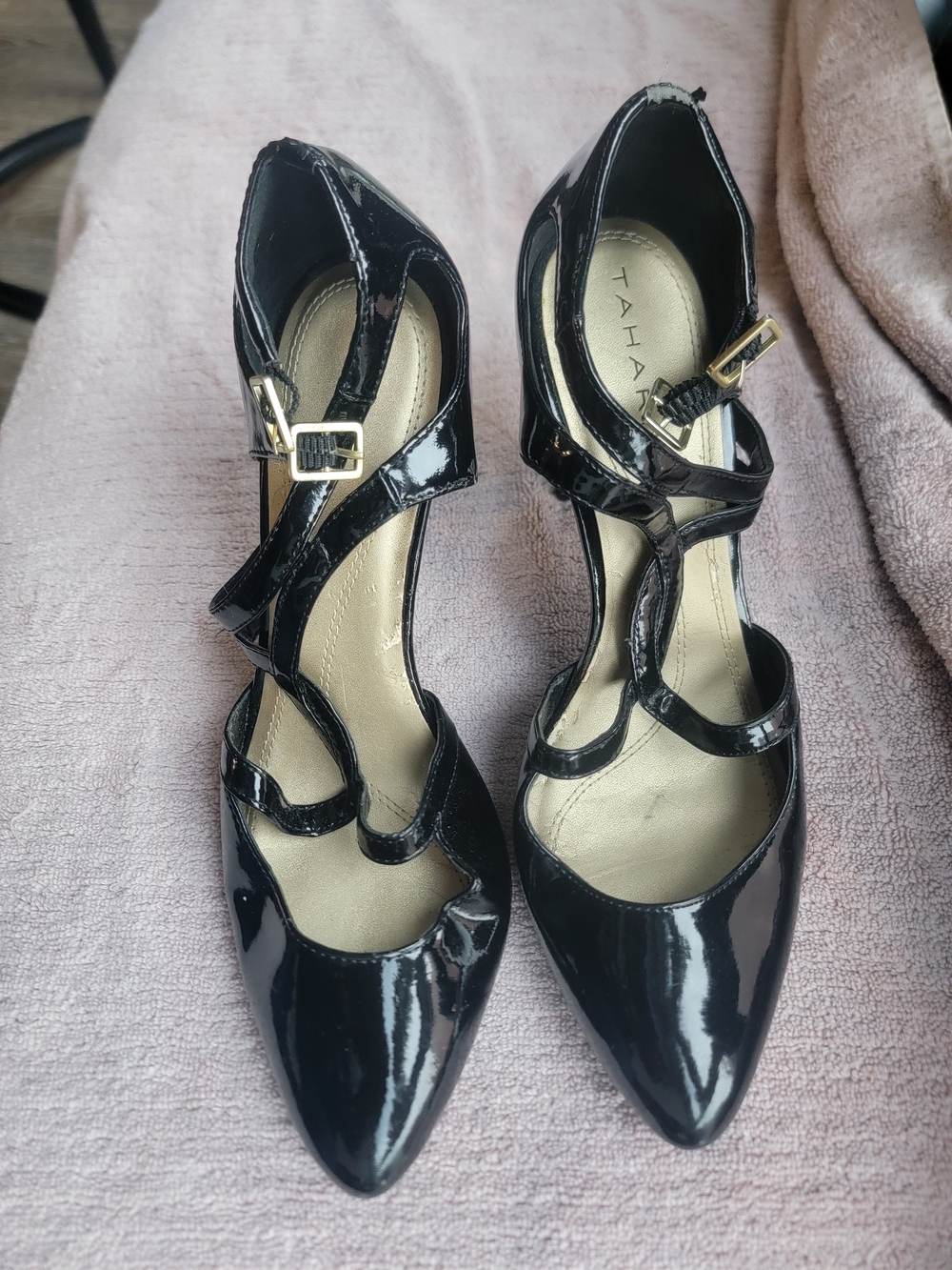 Tahari Black Patent Pointed-Toe Strappy Heels with Gold Buckles